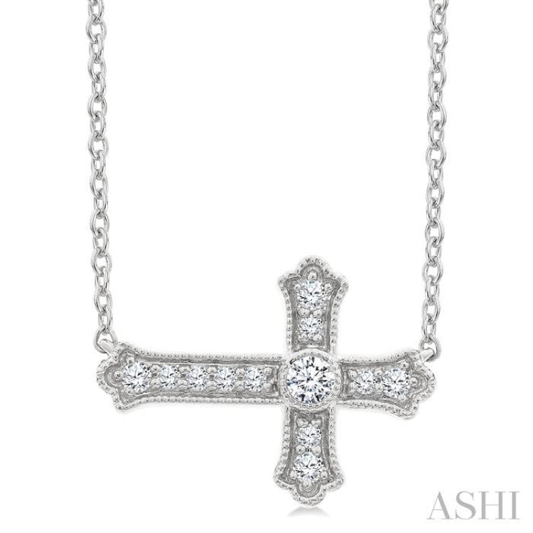 1/8 Ctw Round Cut Diamond Sideway Cross Pendant with Chain in 10K White Gold