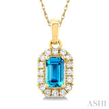 5x3 MM Octagonal Shape Blue Topaz and 1/20 Ctw Single Cut Diamond Halo Semi-Precious Pendant with Chain in 10K Yellow Gold