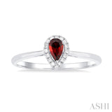 5x3 MM Pear Shape Garnet and 1/20 Ctw Single Cut Diamond Halo Semi-Precious Ring in 14K White Gold
