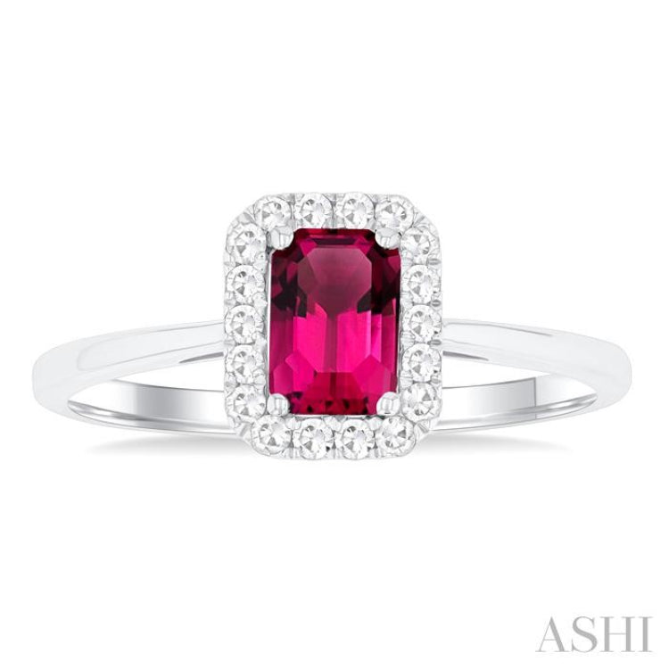 6x4 MM Octagonal Shape Pink Tourmaline and 1/6 Ctw Round Cut Diamond Halo Semi-Precious Ring in 14K White Gold