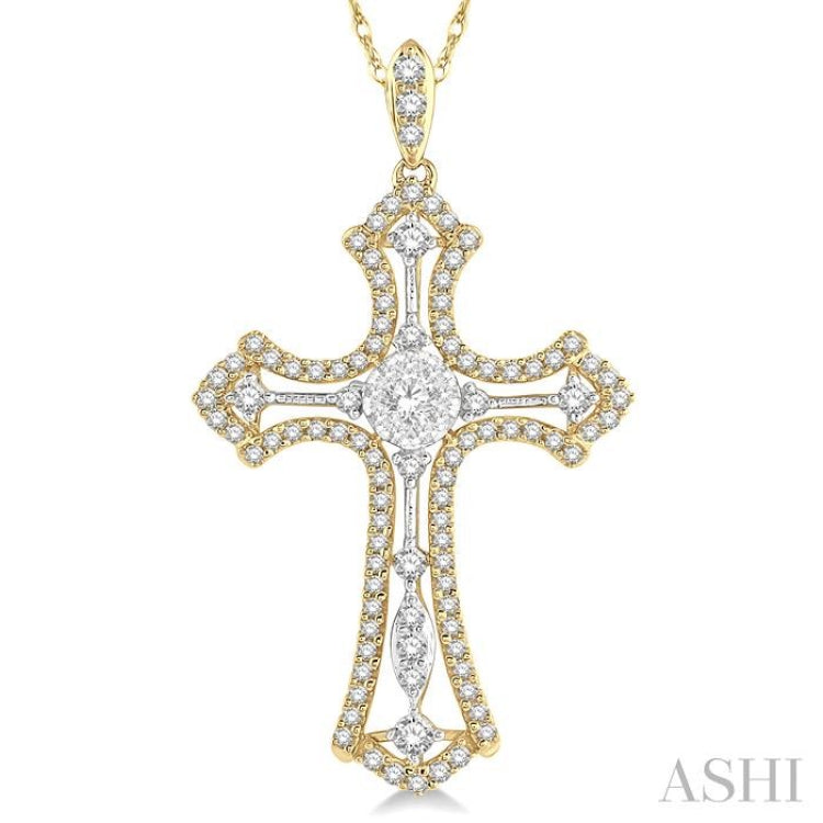 3/4 Ctw Lovebright Round Cut Diamond Cross Pendant With Chain in 14K Yellow and White Gold