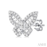 1/2 Ctw Baguette and Round Cut Diamond Butterfly Petite Fashion Stud Earring in 14K White Gold