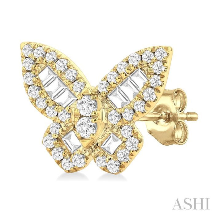 1/2 Ctw Butterfly Petite Baguette and Round Cut Diamond Butterfly Petite Fashion Stud Earring in 14K Yellow Gold
