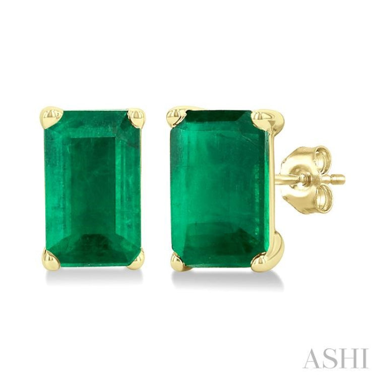 5X3 MM Octagon Shape Emerald Precious Stud Earrings in 14K Yellow Gold