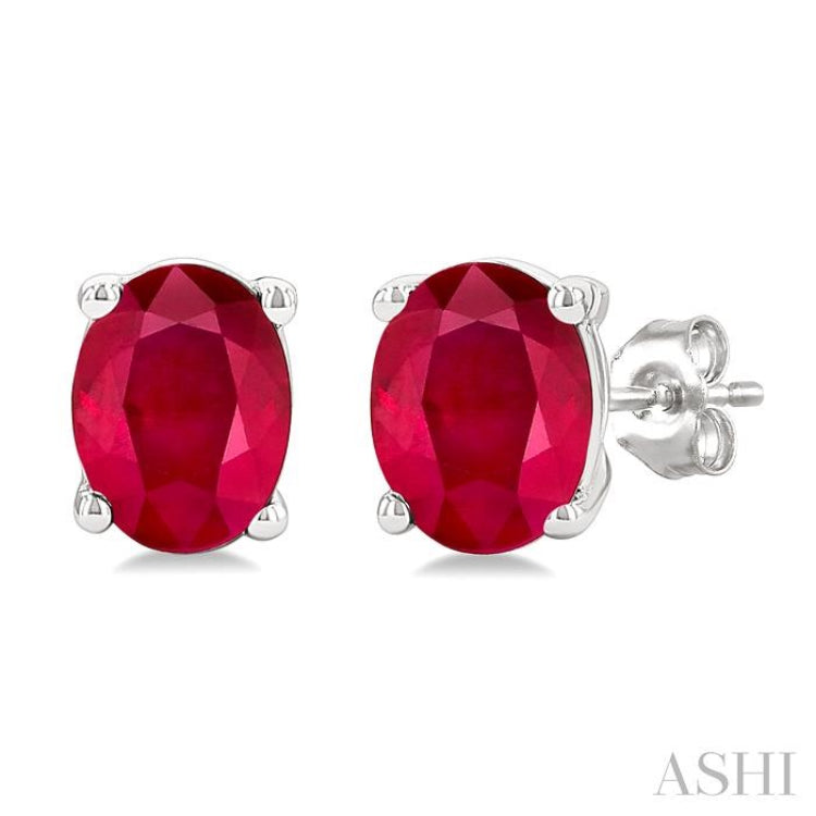 4X3 MM Oval Shape Ruby Precious Stud Earrings in 14K White Gold