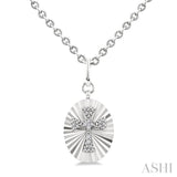 1/10 Ctw Oval Fluted Medallion Round Cut Diamond Cross Pendant With Chain in Sterling Silver
