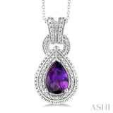 10X7 MM Pear Cut Amethyst and 1/20 Ctw Round Cut Diamond Semi-Precious Pendant With Chain in Sterling Silver