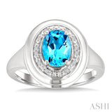 8x6 MM Oval Shape Blue Topaz and 1/20 Ctw Round Cut Diamond Semi-precious Ring in Sterling Silver