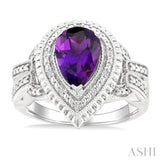 10X7 MM Pear Cut Amethyst and 1/20 Ctw Round Cut Diamond Semi-Precious Ring in Sterling Silver