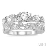 3/8 ctw Diamond Wedding Set With 1/3 ctw Round Center Diamond Leaf Motif Engagement Ring and 1/10 ctw Leaf Motif Wedding Band in 14K White Gold