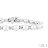 5 MM Cultured Pearl and 1/2 Ctw Round Cut Diamond Floral Fashion Bracelet in 14K White Gold