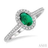 6x4 MM Oval Shape Emerald and 1/5 Ctw Round Cut Diamond Precious Ring in 10K White Gold