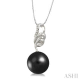 10 MM Black Cultured Pearl and 1/8 Ctw Round Cut Diamond Pendant in 14K White Gold with Chain