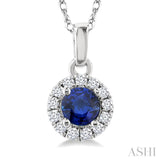 3.25 MM Round Sapphire and 1/20 Ctw Round Cut Diamond Halo Precious Pendant with Chain in 10K White Gold