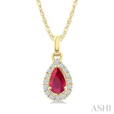 5x3 MM Pear Shape Ruby and 1/20 Ctw Round Cut Diamond Halo Precious Pendant with Chain in 14K Yellow Gold