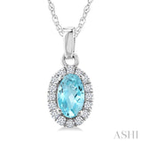 5x3 MM Oval Shape Aquamarine and 1/20 Ctw Round Cut Diamond Halo Semi-Precious Pendant with Chain in 14K White Gold