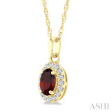 5x3 MM Oval Shape Garnet and 1/20 Ctw Round Cut Diamond Halo Semi-Precious Pendant with Chain in 10K Yellow Gold
