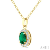 6x4 MM Oval Shape Emerald and 1/6 Ctw Round Cut Diamond Halo Precious Pendant with Chain in 14K Yellow Gold