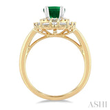 7x5 MM Oval Cut Emerald and 5/8 Ctw Baguette & Round Cut Diamond Halo Precious Ring in 14K Yellow and White Gold