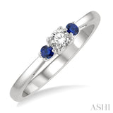 2.15 MM Round Shape Sapphire and 1/6 Ctw Past Present and Future Round Cut Diamond Precious Ring in 14K White Gold