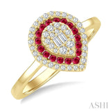1/4 Ctw Pear Shape 1.25MM & 1.45MM Round Cut Ruby, Baguette and Round Cut Diamond Precious Fusion Ring in 14K Yellow Gold