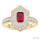1 Ctw Art Deco Hexagon 6X4MM Octagon Shape Ruby, Baguette and Round Cut Diamond Precious Fashion Ring in 14K Yellow Gold
