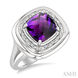 8 MM Cushion Shape Amethyst and 1/20 Ctw Round Cut Diamond Bold Semi-Precious Ring in Sterling Silver