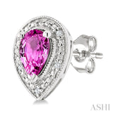 6X4 MM Pear Shape Lab-Created Pink Sapphire and 1/50 Ctw Round Cut Diamond Precious Earrings in Sterling Silver