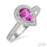 7X5 MM Pear Shape Lab-Created Pink Sapphire and 1/50 Ctw Round Cut Diamond Precious Ring in Sterling Silver