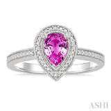 7X5 MM Pear Shape Lab-Created Pink Sapphire and 1/50 Ctw Round Cut Diamond Precious Ring in Sterling Silver