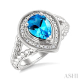 9X6MM Pear Cut Blue Topaz and 1/20 Ctw Round Cut Diamond Semi-Precious Ring in Sterling Silver