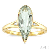 16X6 MM Pear Shape Green Amethyst and 1/50 Ctw Round Cut Diamond Semi-Precious Ring in 10K Yellow Gold