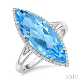 22X8 MM Marquise Shape Blue Topaz and 1/5 Ctw Round Cut Diamond Semi-Precious Ring in 14K White Gold