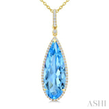 22X8 MM Pear Shape Blue Topaz and 1/4 Ctw Round Cut Diamond Semi-Precious Pendant With Chain in 14K Yellow Gold