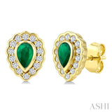 5X3 MM Pear Shape Emerald and 1/5 Ctw Round Cut Diamond Bold Precious Earrings in 10K Yellow Gold