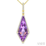 22X9 MM Kite Shape Amethyst and 1/4 Ctw Round Cut Diamond Semi-Precious Pendant With Chain in 14K Yellow Gold