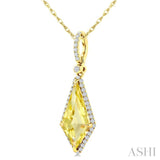 16X7 MM Evoque Gemstones Kite Shape Lemon Quartz and 1/5 Ctw Round Cut Diamond Semi-Precious Pendant With Chain in 10K Yellow Gold
