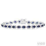 1 1/10 Ctw Oval Shape 5x3 MM Sapphire & Round Cut Diamond Precious Stone Bracelet in 14K White Gold