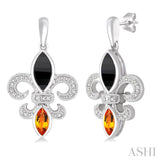 Silver Fleur De Lis Gemstone & Diamond Earrings