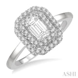 1/2 Ctw  Emerald Cut Center Stone 3/4 ct Round Cut   Diamond Ladies Engagement Ring in 14K White Gold