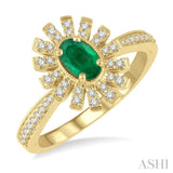 1/5 Ctw Floral Oval Shape 6x4 MM Emerald & Round Cut Diamond Precious Ring in 10K Yellow Gold