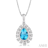 1/10 Ctw Pear Shape 9x6 MM Blue Topaz & Round Cut Diamond Semi Precious Pendant With Chain in 10K White Gold