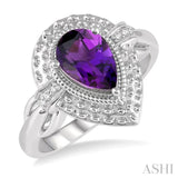 1/50 Ctw Pear Shape 9x6 MM Amethyst & Round Cut Diamond Semi Precious Ring in Sterling Silver