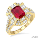 1 Ctw Emerald Shape 8x6 MM Ruby, Baguette and Round Cut Diamond Precious Ring in 14K Yellow Gold