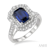 3/4 Ctw Emerald Shape 8x6 MM Sapphire, Baguette and Round Cut Diamond Precious Ring in 14K White Gold