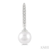 6 MM Round Shape Cultured Pearls and 1/8 Ctw Round Cut Diamond Drop Petite Huggie Earrings 14K White Gold