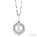 6 MM Round Shape Cultured Pearl and 1/20 Ctw Petite Round Cut Diamond Halo Fashion Pendant With Chain in 10K White Gold