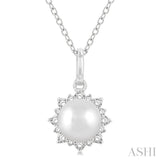 6 MM Round Shape Cultured Pearl and 1/10 Ctw Petite Sun Round Cut Diamond Fashion Pendant With Chain in 10K White Gold