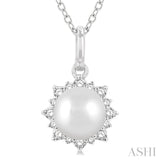6 MM Round Shape Cultured Pearl and 1/10 Ctw Petite Sun Round Cut Diamond Fashion Pendant With Chain in 10K White Gold