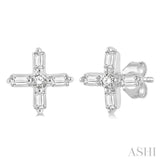 1/10 Ctw Greek Cross Baguette and Round Cut Diamond Petite Earring in 10K White Gold